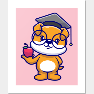 Cute Dog Holding Apple With Graduation Hat Cartoon Posters and Art